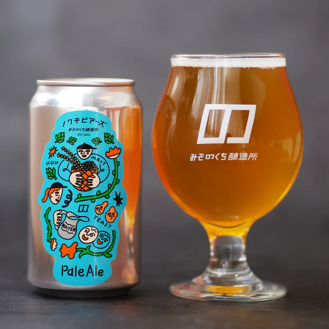 みぞのくち醸造所の缶ビールおよびビールを注がれたグラス。ノクチビアーズ Pale Ale